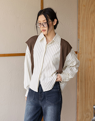 清新直條紋長袖披肩襯衫