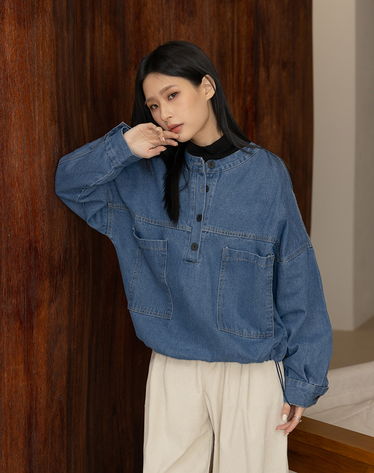 排釦無領大口袋牛仔上衣