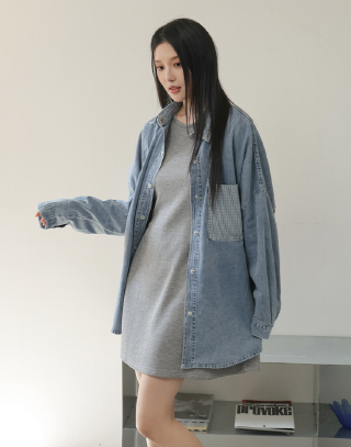 水洗條紋翻領牛仔上衣