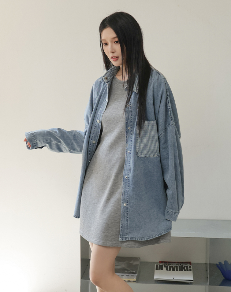 水洗條紋翻領牛仔上衣