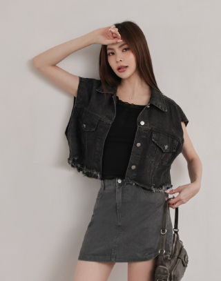 率性水洗抽鬚牛仔背心
