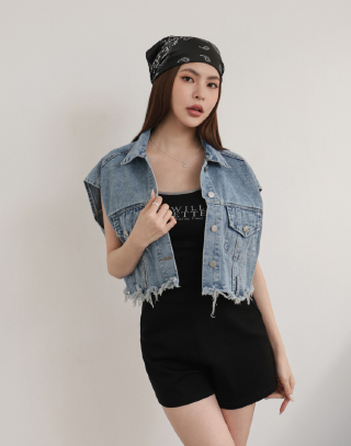 率性水洗抽鬚牛仔背心