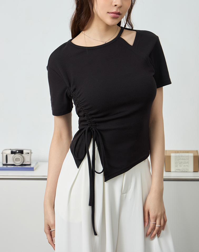 MIT曲線抓皺鏤空短袖上衣