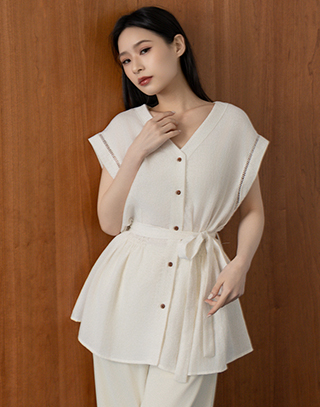 柔美織紋縮腰V領上衣