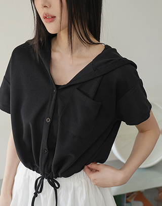 抽繩收腰柔織連帽上衣