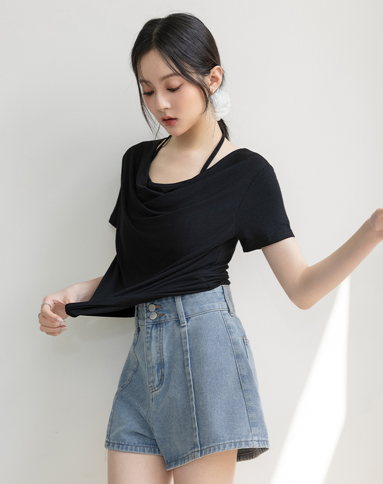 法式優雅垂領假兩件上衣