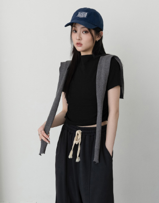 MIT藏肉修身羅紋中高領短袖上衣