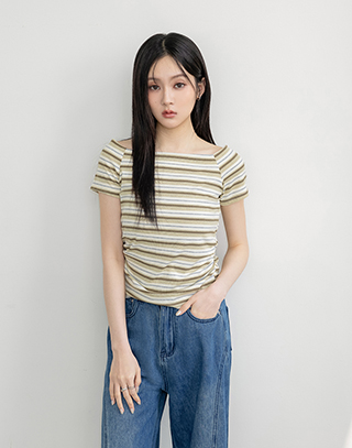 撞色條紋一字領短袖上衣