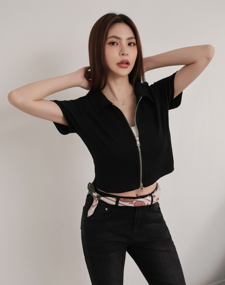 雙開拉鍊翻領棉質短袖上衣