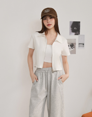 雙開拉鍊翻領棉質短袖上衣