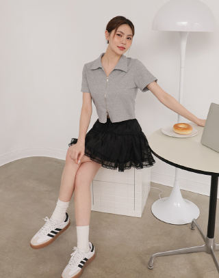 雙開拉鍊翻領棉質短袖上衣