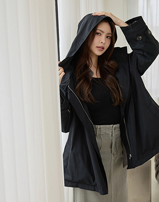 立領雙釦連帽可拆風衣外套