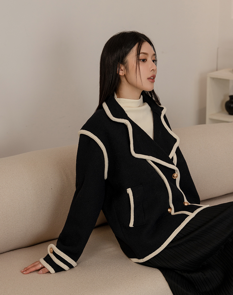 時尚撞色滾邊毛呢外套