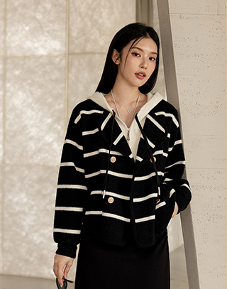 率性條紋假兩件連帽外套