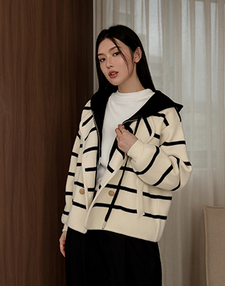 率性條紋假兩件連帽外套