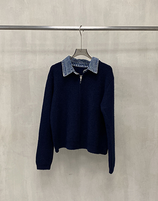 牛仔領混紡針織外套