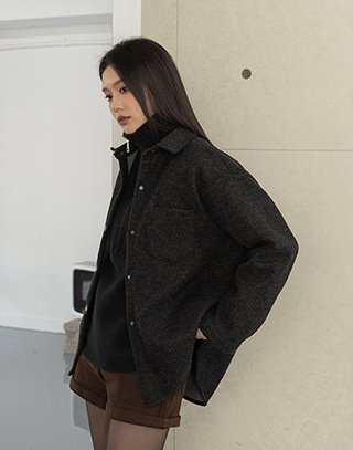 時髦混紡翻領長袖外套