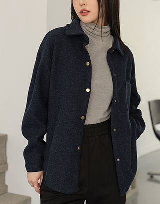 時髦混紡翻領長袖外套