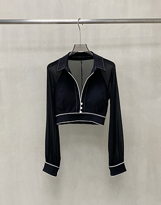 黑白語調翻領雪紡上衣