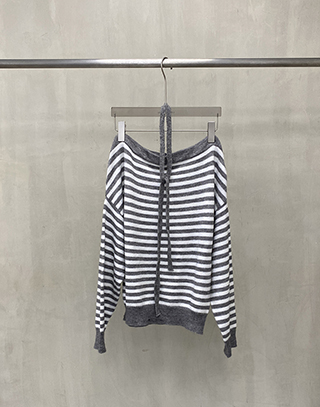 時尚條紋一字領綁帶上衣