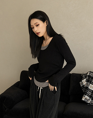 層次感假兩件圓領上衣