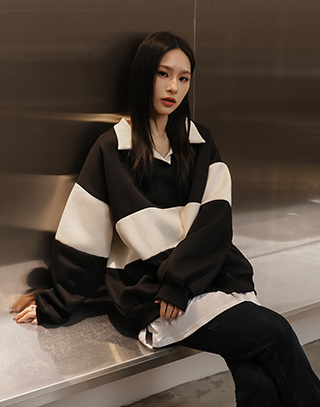 條紋內刷絨質感翻領上衣