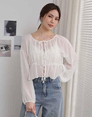 輕透感綁帶泡泡上衣
