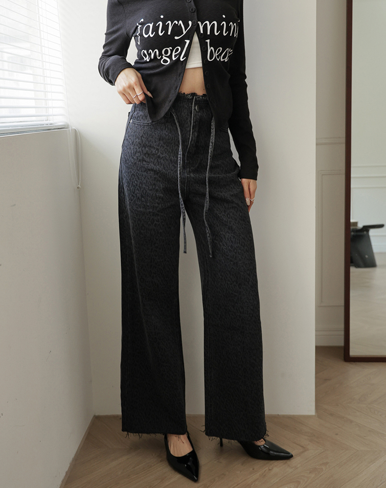 抽繩丹寧豹紋牛仔褲