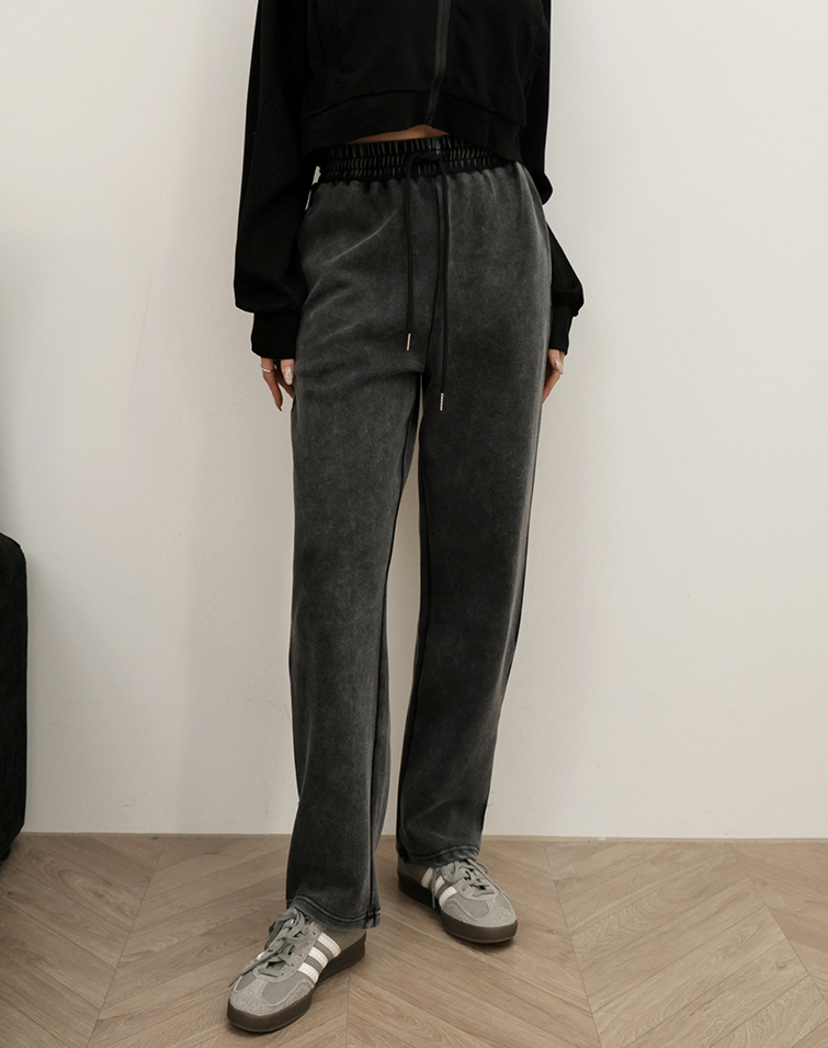 炭灰水洗刷色鬆緊長褲