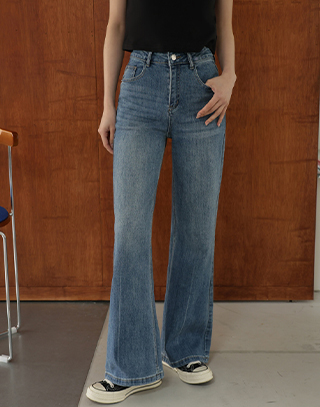 修胯刷色水洗牛仔寬褲