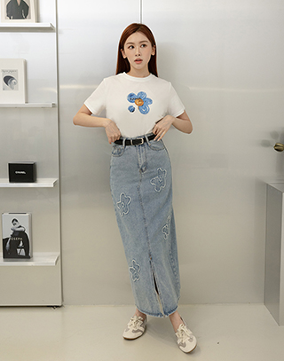 梨形掰掰花花牛仔長裙