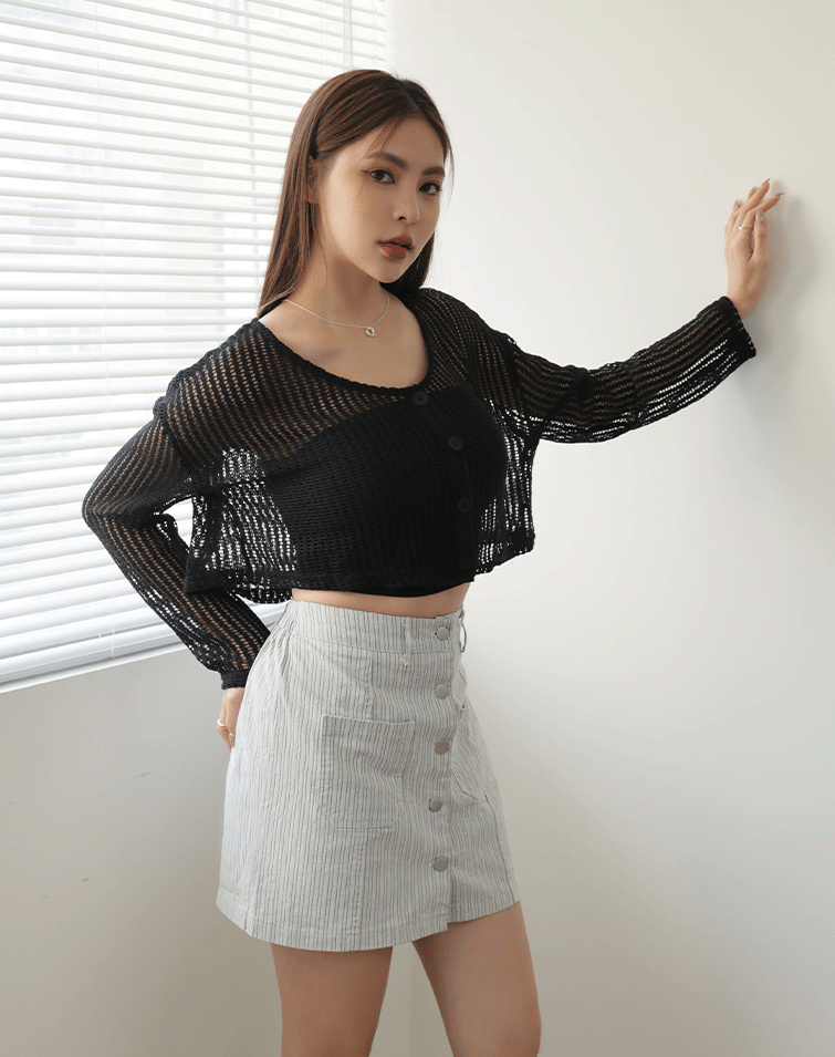 直條紋排釦短裙