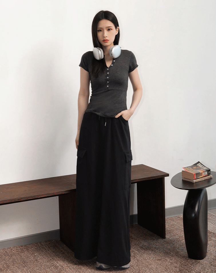 休閒造型口袋鬆緊長裙