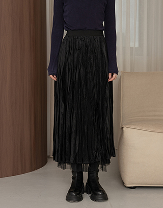 柔光雙面網紗抓皺長裙