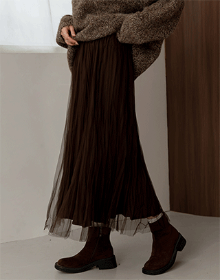 柔光雙面網紗抓皺長裙