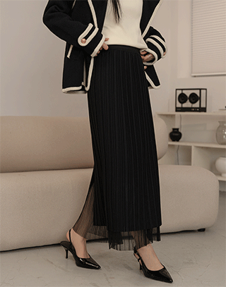 雙面網紗層次壓摺長裙